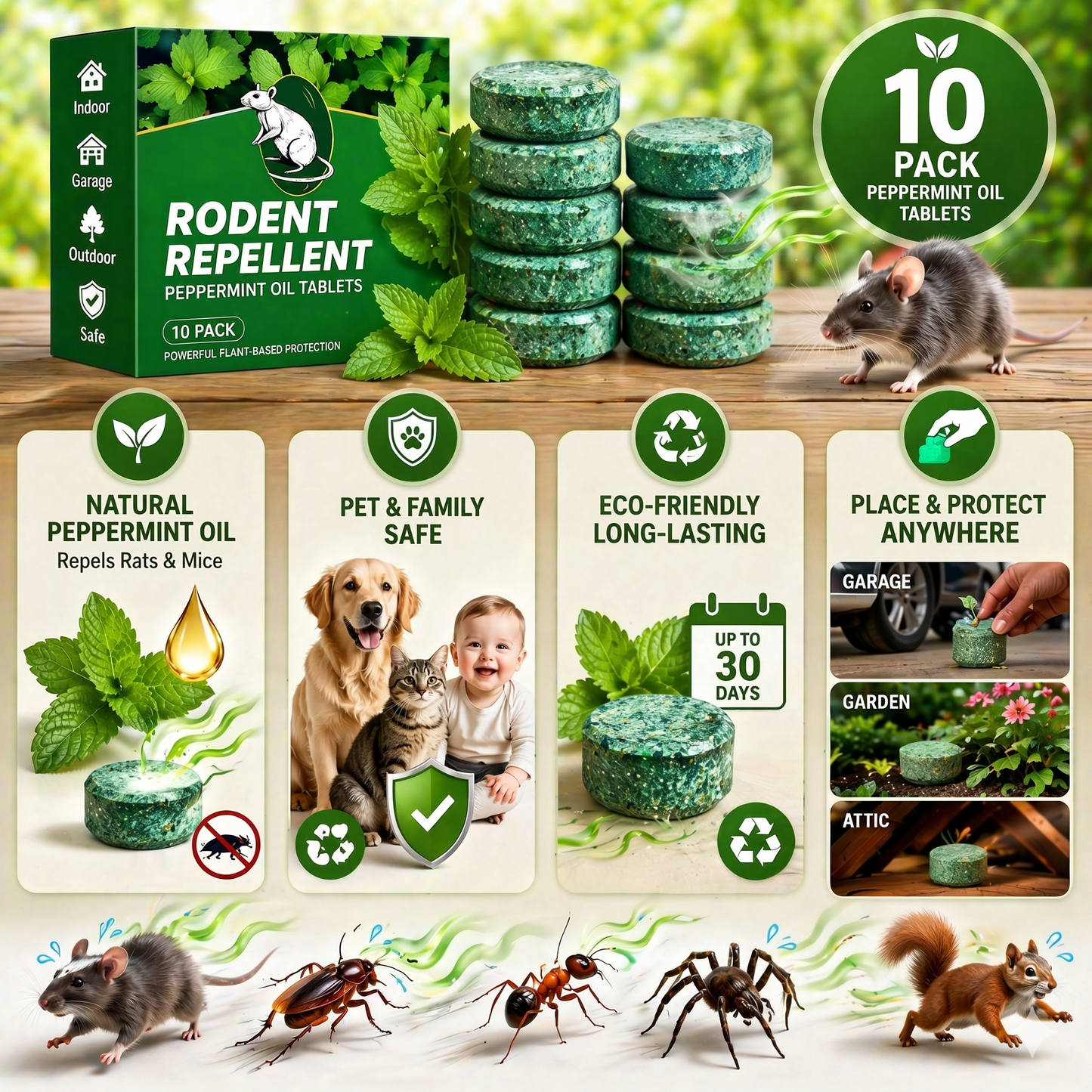 Limited Stock!!!RZXEA™ 🟢 Natural Peppermint Rodent Repellent Tablets – 10 Pack